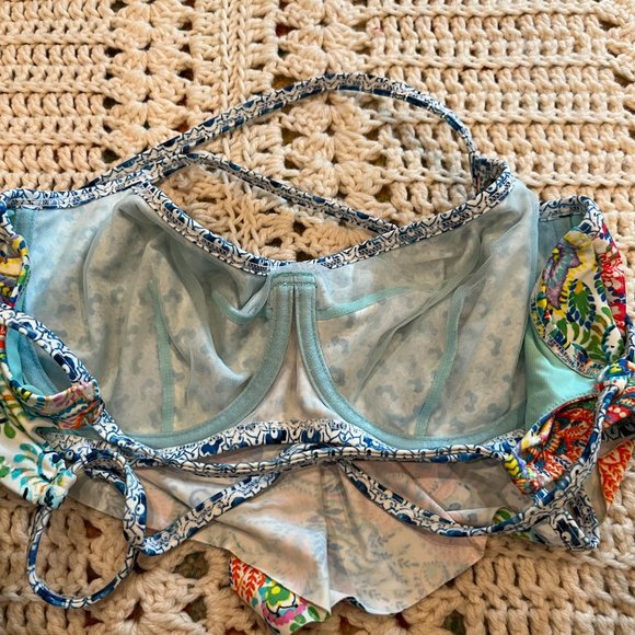 Profile Blush Triangle Ruffle Peacock Pattern Bikini Top Size Small F-Cup - Picture 3 of 10